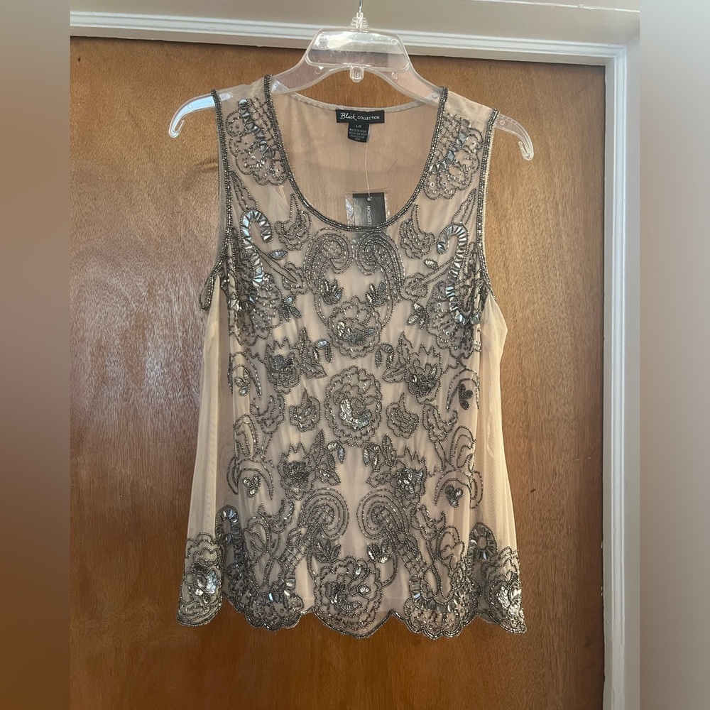 Black Collection Women’s Blush/Nude with Dark Silver Tone Beaded Sleeveless Top